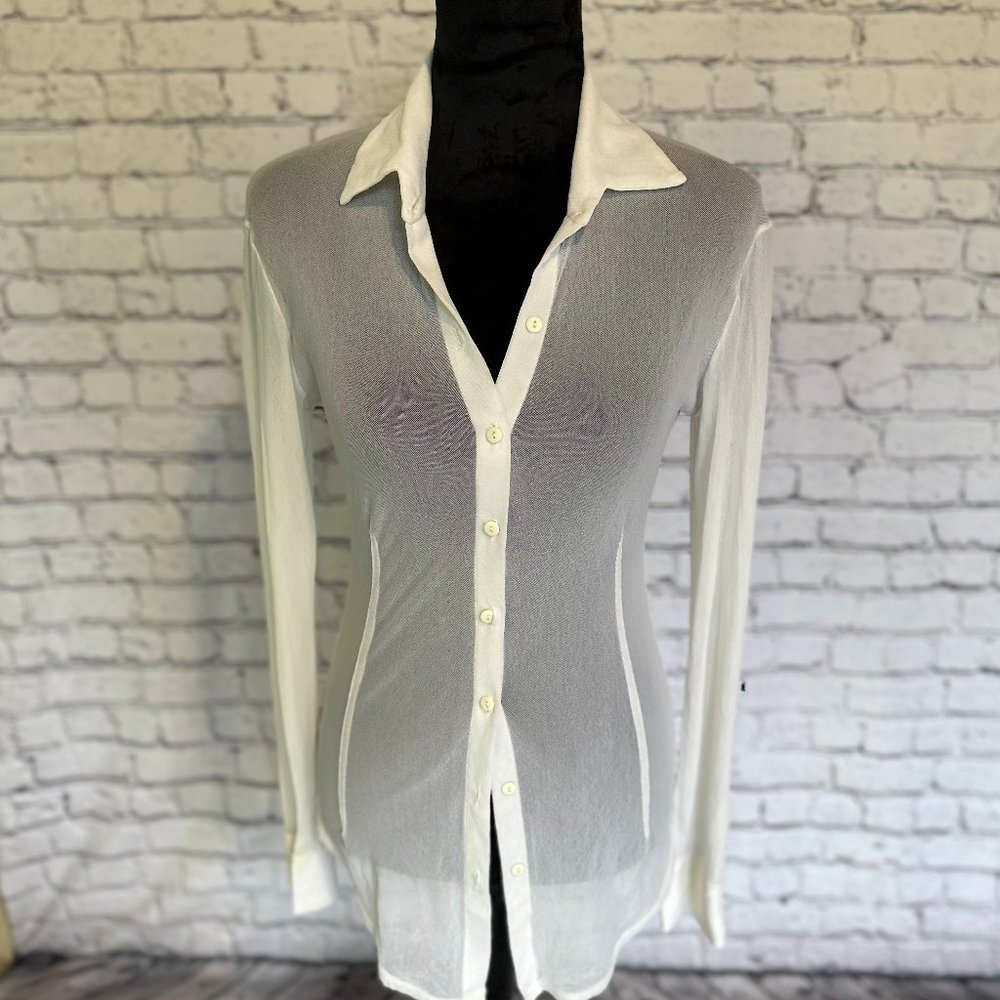 Petit Pois by Viviana G Long Sleeve MESH Button up shirt White